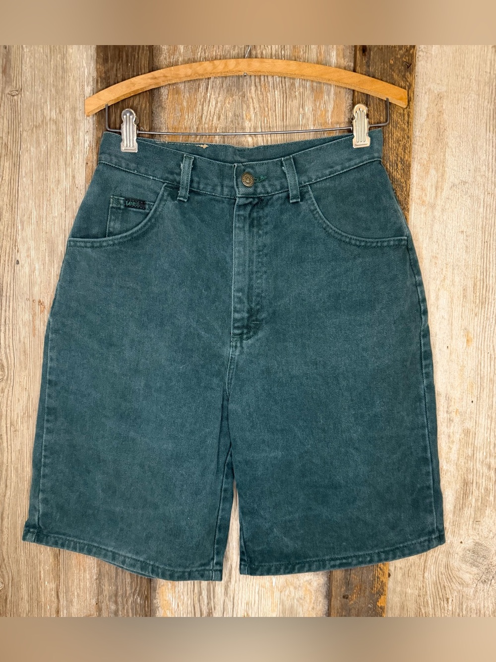 VTG 80/90s Lee High Waist Mom Denim Shorts Cotton Union Made Forest Green Sz 26